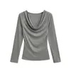 Camiseta Sexy Ombro a Ombro Manga Longa Outono Nova Elegante Versátil Ajustada Top Básico para Mulheres