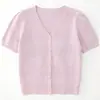 Fábrica de Suéteres Dalang Cárdigan de Punto Coreano Personalizado Rosa Fresco Cuello en V Mangas Abullonadas para Mujer, Calado Delgado de Manga Corta
