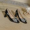 Zapatos de Tacón Alto de Punta Cuadrada para Mujer con Lazo y Pedrería Rojos para Boda Zapatos de Novia 2025 Nuevo Primavera y Otoño Zapatos Franceses de Tacón Grueso
