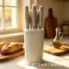 Cuchillo de Acero Inoxidable de Fábrica al por Mayor Juego de Cuchillos y Tijeras de Cocina Juego de Cinco Piezas con Soporte para Cuchillos de Paja de Trigo y Embalaje en Caja de Color