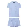 Moda feminina europeia e americana transfronteiriça AliExpress item mais vendido casual blusa listrada de manga bufante + minissaia de cintura média color block