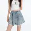 Shorts de mezclilla de corte A con ribete de encaje, nuevo modelo verano 2026, de cintura alta, adelgazantes, pierna ancha, pantalones versátiles para personas petite.