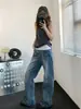 Jeans Azul Lavado com Rachaduras de Raio Americano High Street Primavera/Verão para Mulheres, Calças Retas Largas de Perna Larga Novas, Marca Tendência