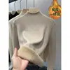 Suéter feminino de meia gola alta para outono e inverno, forrado com lã, grosso, peça única, cashmere, estilo ocidental, suéter de malha, base quente, camisa, top