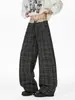 Pantalones Casuales a Cuadros para Hombre, Delgados, Holgados, de Pierna Recta, con Doble Cintura, Estilo Urbano, Cintura Elástica, Cordón, Pierna Ancha, Largos