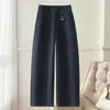 Calça de terno feminina preta personalizada, novo estilo de outono, cintura alta, corte solto, afina a silhueta, perna reta, corte curvo para figuras baixinhas