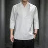 Camiseta de Manga Corta de Algodón y Lino para Hombre Estilo Chino 2025 Casual Retro Japonés Talla Grande Camiseta de Lino Color Sólido Hombre