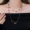 Colar de Pedra Olho de Tigre e Pérola Swarovski de Camada Dupla Outono e Inverno para Mulheres, Fecho OT Longo, Corrente Elegante para Suéter de Celebridade da Internet