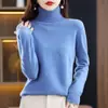 Otoño Invierno Nuevo Jersey de Lana Pura para Mujer Cuello Alto Color Sólido Holgado Corto Cachemira Tejido Capa Base Suéter