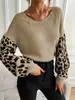 Suéter de Punto con Cuello en V para Otoño e Invierno de Comercio Exterior de Amazon, Tejido de Punto Patchwork con Estampado de Leopardo, Holgado y Casual, Top de Punto Holgado Casual