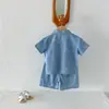 Conjunto de Roupa Jeans Infantil Novo Estilo Verão Versão Coreana Fofo Estampa de Rosto Sorridente Cardigã Manga Curta Calça Curta Fina Conjunto de Duas Peças