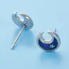 Pendientes de Gota de Aceite de Dibujos Animados Espaciales Estilo Coreano Acero Inoxidable Cielo Estrellado Planeta Azul Luna Creciente Mini Lindos Versátiles para Estudiantes