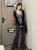 Pantalones grises de microcampana a rayas para mujer, pantalones casuales de tela suave, estilo coreano, pantalones de campana, nuevo estilo Otoño 2026, con caída y ajustados