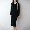 Nuevo Vestido de Lana 100% Otoño/Invierno para Mujer, Elegante Cuello Redondo Manga Larga Tejido Ajustado Versátil Vestido Suéter de Cachemira