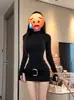 Vestido Rojo de Media Cuello Alto y Manga Larga para Mujer en Otoño e Invierno con Falda Interior Falda de Cintura Elástica Ajustada Falda Corta que Cubre la Cadera