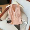 Camisola de Cuello Halter a Cuadros Ropa Exterior de Verano para Mujer Nicho Tailandés Dulce Sexy Tubo con Escote en V Top Camisa Hermosa