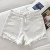 Shorts Jeans Feminino Verão 2025 Novo Solto Versátil Cintura Alta Modelador Estilo Coreano Calça Wide Leg Barra Desfiada Hot Pants Tendência