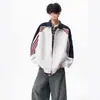 Sudadera cárdigan de cuello alto a rayas de color block estilo americano, unisex, corte holgado, casual, chaqueta deportiva versátil