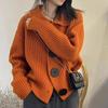 Cardigan de mercadoria europeia feminino gola V manga longa solto moda coreana fivela grande lapela casaco de malha suéter tendência