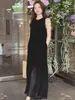 Vestido longo elegante estilo deusa de verão de alta qualidade, sofisticado e chique, vestido preto sem mangas inspirado em Hepburn
