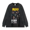 Camiseta Kiss Rock Band High Street Lavada Desgastada Estampada Direta Vintage Manga Curta Masculina Branca Preta Manga Longa
