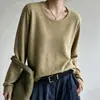 Suéter feminino de tricô de algodão, gola redonda, borda com babados, mangas compridas, corte solto, adequado para primavera e outono, macio e confortável, perfeito para o dia a dia, cor sólida, estilo pullover, peça base