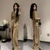 Conjunto de Moda Casual Feminino 2024 Outono Novo Estilo Ocidental Fashionável Redutor de Idade Top Irregular Calça de Perna Larga Conjunto de Duas Peças