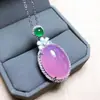 Collar de cadena para suéter con colgante de superficie de huevo grande bañado en plata, collar de calcedonia violeta y rosa, pendientes, anillo, juego de tres piezas