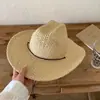 Chapéu de Palha Trançado Vazado Primavera e Verão para Mulheres, Aba Larga Proteção Solar, Versátil para Férias na Praia e Passeios, Chapéu de Cowboy Ocidental