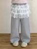 Coleção Nova Primavera 2026 Estilo Coreano Roupas Infantis Meninas Doce Camiseta de Alcinha com Babados Acabamento em Renda Conjunto de Calça de Moletom