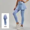 Conjunto de calça e saia de yoga feminina de duas peças para o verão, cintura alta, levanta bumbum, para corrida, alta elasticidade, treino, atlético, conjunto de roupa fitness justo