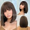 Wanyong seda chuva moda fria castanho cabelo curto liso franja cabelo cauda reparação peruca feminina cobertura completa cabeça reparação peruca