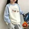 Camada base feminina com forro de fleece para outono e inverno, novo estilo 2026, gola redonda, moletom quente, blusa de manga longa raglan com blocos de cor para crianças mais velhas