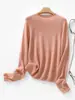 Top de punto premium de terciopelo con borde enrollado, cuello redondo semi-alto para mujer, sin costuras, lujo ligero, caída fluida, adelgazante, de manga larga para principios de otoño