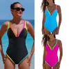Traje de baño de una pieza de nuevo estilo para mujer, sexy y ajustado, bloques de color, estilo europeo y americano, bikini, adelgazante, que disimula el cuerpo, traje de baño sin espalda