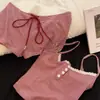 Conjunto de Pijama Listrado Vermelho Estilo Coreano Feminino Verão Top Regata Shorts Reto Solto Nicho Estilo Primavera e Outono
