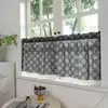 Cortina curta de algodão e linho com estampa de flor de gardênia e franjas, cor de café, semi-transparente, para varão, cortina pronta