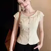 Camisa Feminina de Cor Sólida, Estilo Suave, Corte Ajustado na Cintura, Verão, Nicho Francês, Doce, Gola Reversível, Top Elegante Emagrecedor