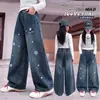 Jeans para niños para primavera y otoño, pantalones elegantes de pierna ancha para niñas, prendas exteriores casuales holgadas para niños mayores, pantalones rectos versátiles, modernos