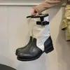 Botas de media caña retro con bloques de color para mujer, nuevo estilo otoño e invierno 2026, tacón grueso, hebilla de cinturón, botas de vaquero western, botas de montar, botas de moda