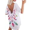 Top de Moda de Primavera y Verano Transfronterizo Amazon Nuevo Europeo y Americano para Mujer Escote en V Profundo Sexy Sin Espalda Estampada Camiseta de Manga Corta para Mujer