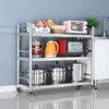 Prateleira de Armazenamento Móvel Cozinha Aço Inoxidável Rack para Micro-ondas com Grade, Prateleira de Chão de Três Camadas para Panelas com Rodas