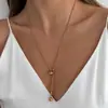 Colar de Aço Inoxidável com Pingente de Pérola Redonda Elegante Estilo Europeu e Americano, Colar com Pingente de Franja Corrente de Cobra Ajustável Dupla Face de Nicho