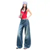 2026 Jeans Retrô Cross Americano|Design com Cintura Elástica e Punhos|Jeans Feminino de Perna Larga Reta Solto Estilo Novo Yi Chun