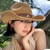 Chapéu de Palha Estilo Étnico Western Cowboy para Mulheres, Proteção UV ao Ar Livre no Verão, Chapéu de Sol para Férias na Praia, Proteção Solar, Chapéu para Montanhismo