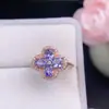 Anel de Prata 925 Estilo Influenciador Coreano e Japonês do TikTok com Tanzanita Natural Flor de Quatro Pétalas Anel Aberto para Mulheres, Único, Requintado e Elegante