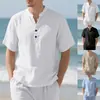 Camisa masculina casual de verão europeia e americana, folgada, gola alta casual masculina, abotoada, linho, manga curta, cor sólida, plus size