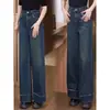 Nuevos Jeans de Pierna Ancha Estilo Retro Azul Oscuro para Mujer Cintura Alta Sueltos Caídos Borde Crudo Pantalones Rectos