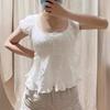 Estilo BM Top de Manga Corta con Manga Abullonada Verde Encaje Tres Botones Camisa con Volantes Camiseta bm Top Bordado Calado