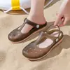 Nuevos Zapatos de Agujeros Estampados de Verano Sandalias para Mujer Zapatos Planos de Gelatina Zapatos de Playa Sandalias de Punta Antideslizantes para Mujer